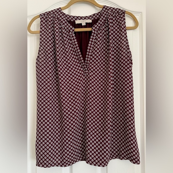 LOFT Burgundy and White Sleeveless V-Neck Printed Blouse - Picture 3 of 7